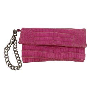 Jamah Barbi Pink Crocodile Leather Suede Lining Chain Strap Wristlet Handbag Bag